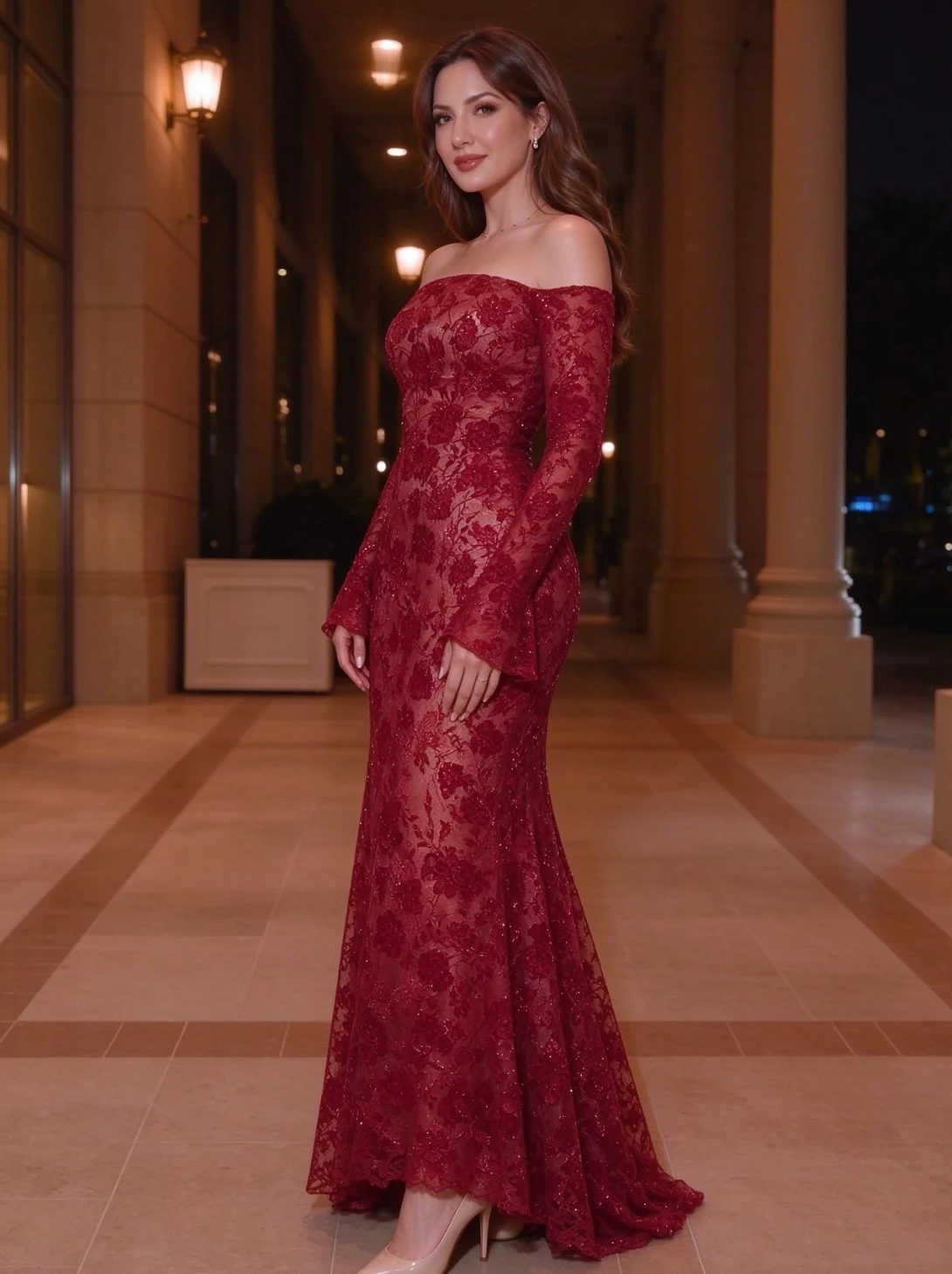 Off-Shoulder Long Sleeve Floral Lace Mermaid Maxi Evening Dress [erp-image:1199aebdbe07e0a0c19287db]