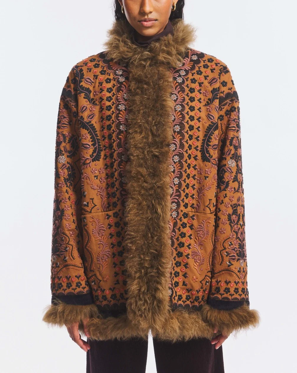 Women's Bohemian Tapestry Print Faux Fur Trimmed Mid Length Winter Coat [erp-image:c11b6e19df0ff7d954c82be8]