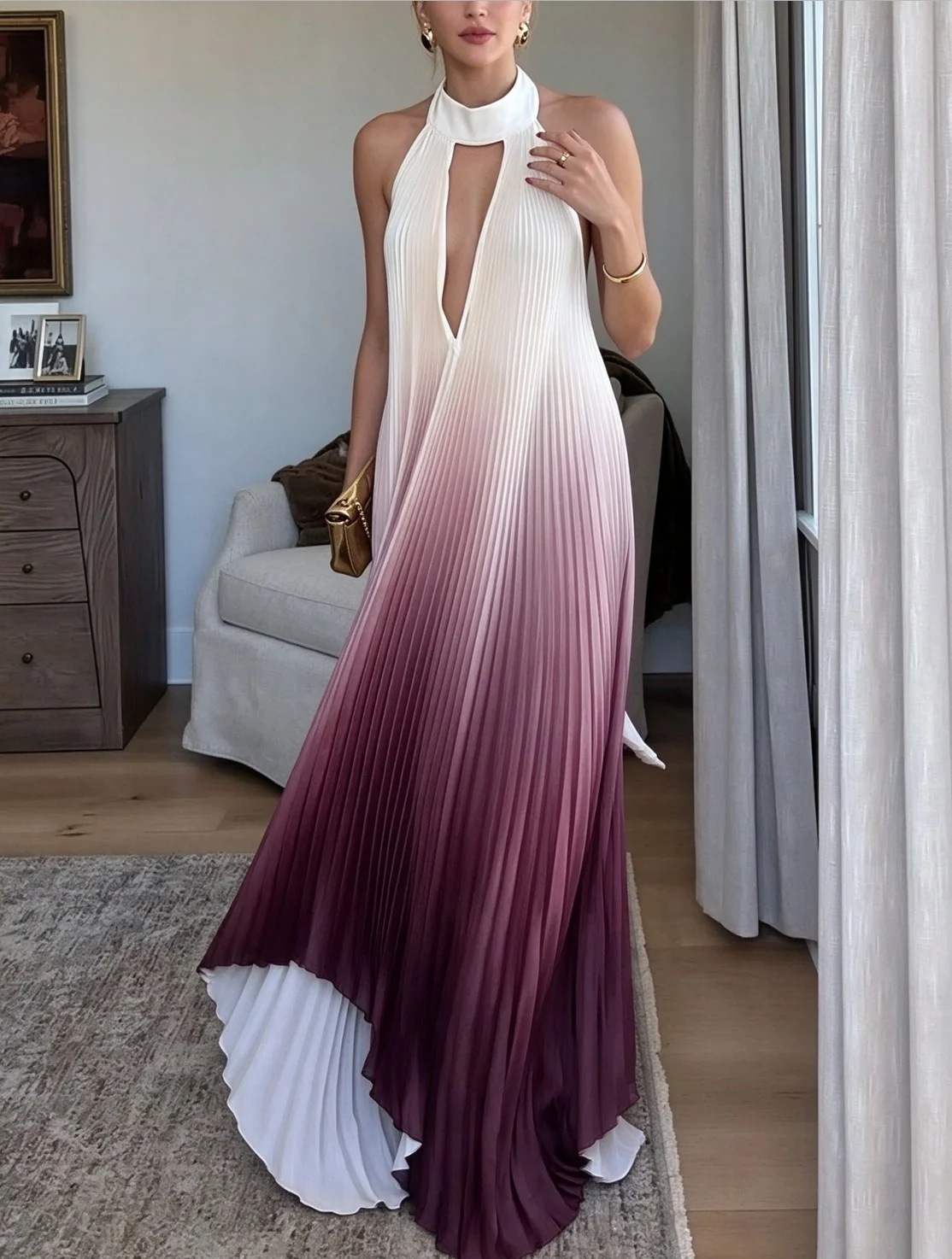 Ombre Pleated Halter Neck Cutout Sleeveless Maxi Dress [erp-image:4bba0074920dfc1efaffe5e7]