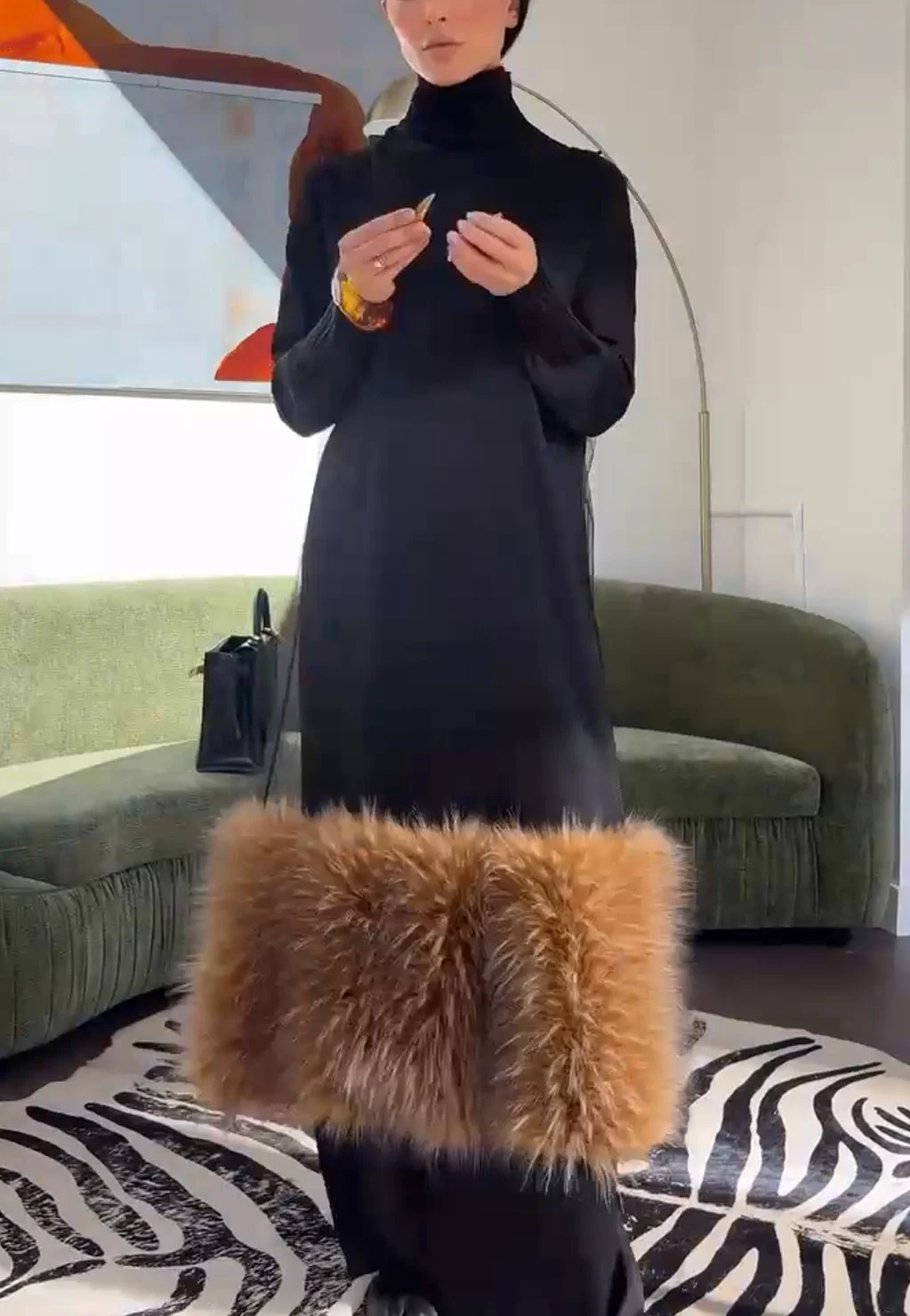 Black Turtleneck Long Sleeve Maxi Dress with Contrast Faux Fur Panel [erp-image:0e5567c72d095617ddf7a3b9]