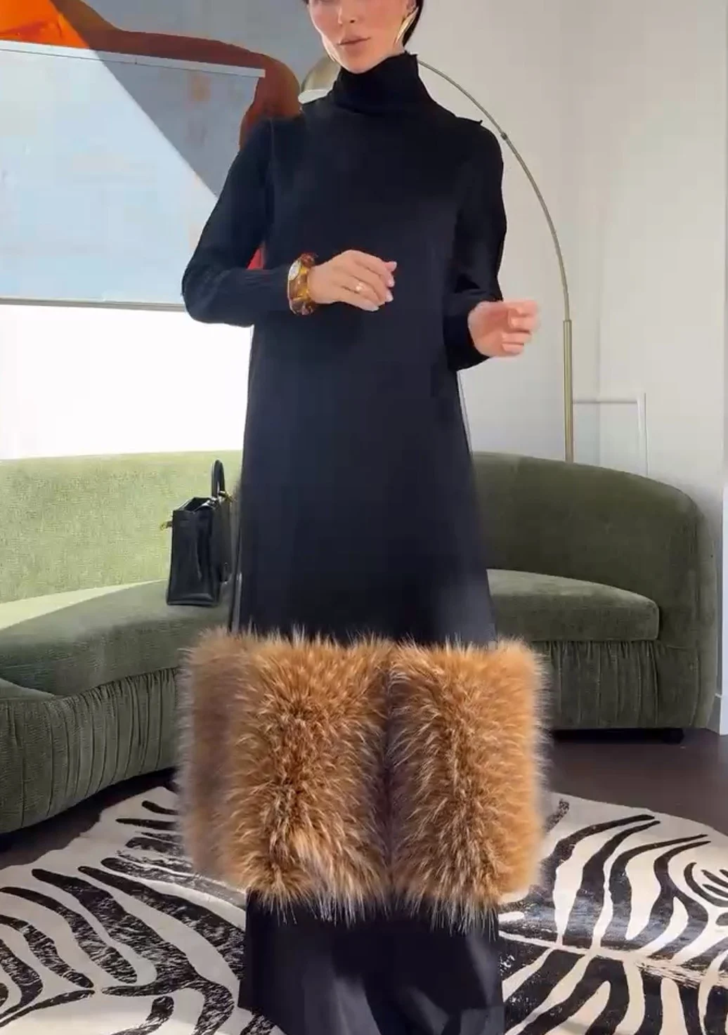 Black Turtleneck Long Sleeve Maxi Dress with Contrast Faux Fur Panel [erp-image:c08a7c7b18aad2c8464d5458]