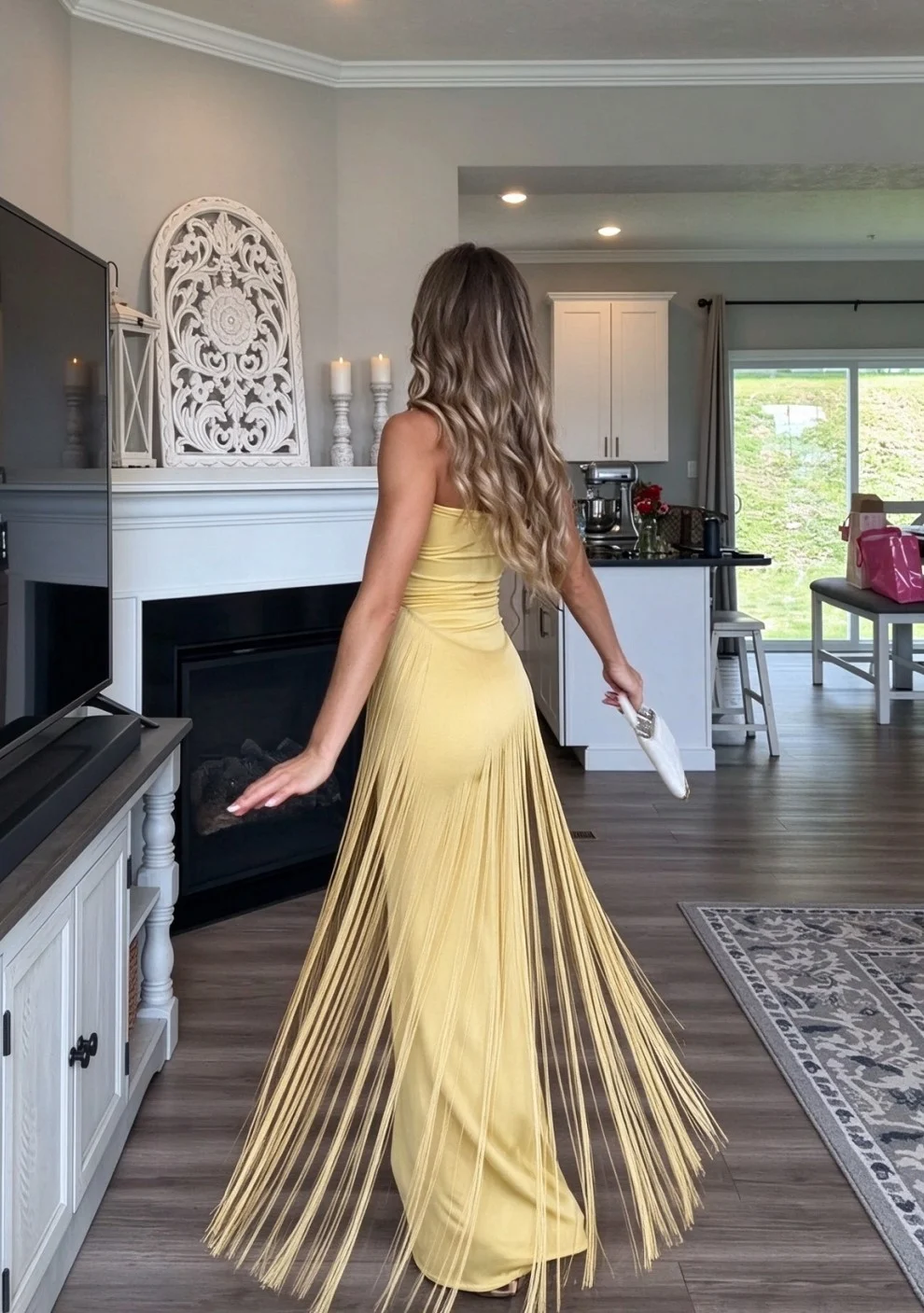 Yellow Strapless Cutout Fringe Maxi Dress with Cascading Tassels [erp-image:65cc286600d9daa1b4197f3e]