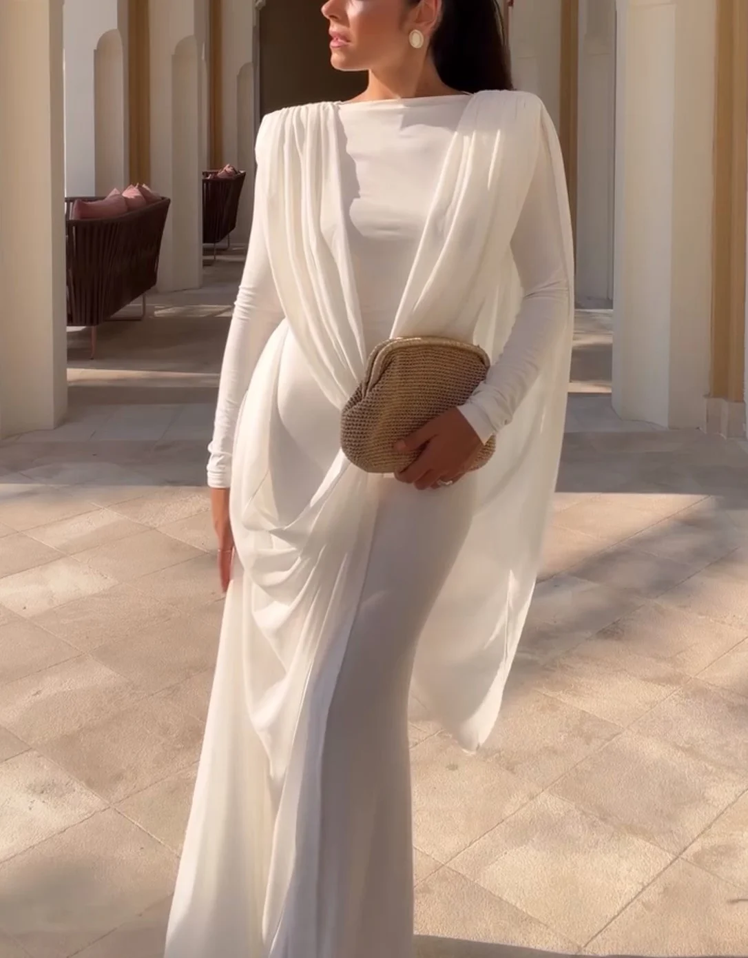 White Long Sleeve Draped Cape Column Maxi Dress for Evening [erp-image:ecbe93af0deb96eeb9cab266]