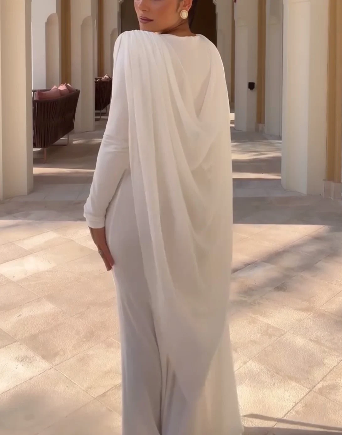 White Long Sleeve Draped Cape Column Maxi Dress for Evening [erp-image:c17853dfaf5343101410f65f]