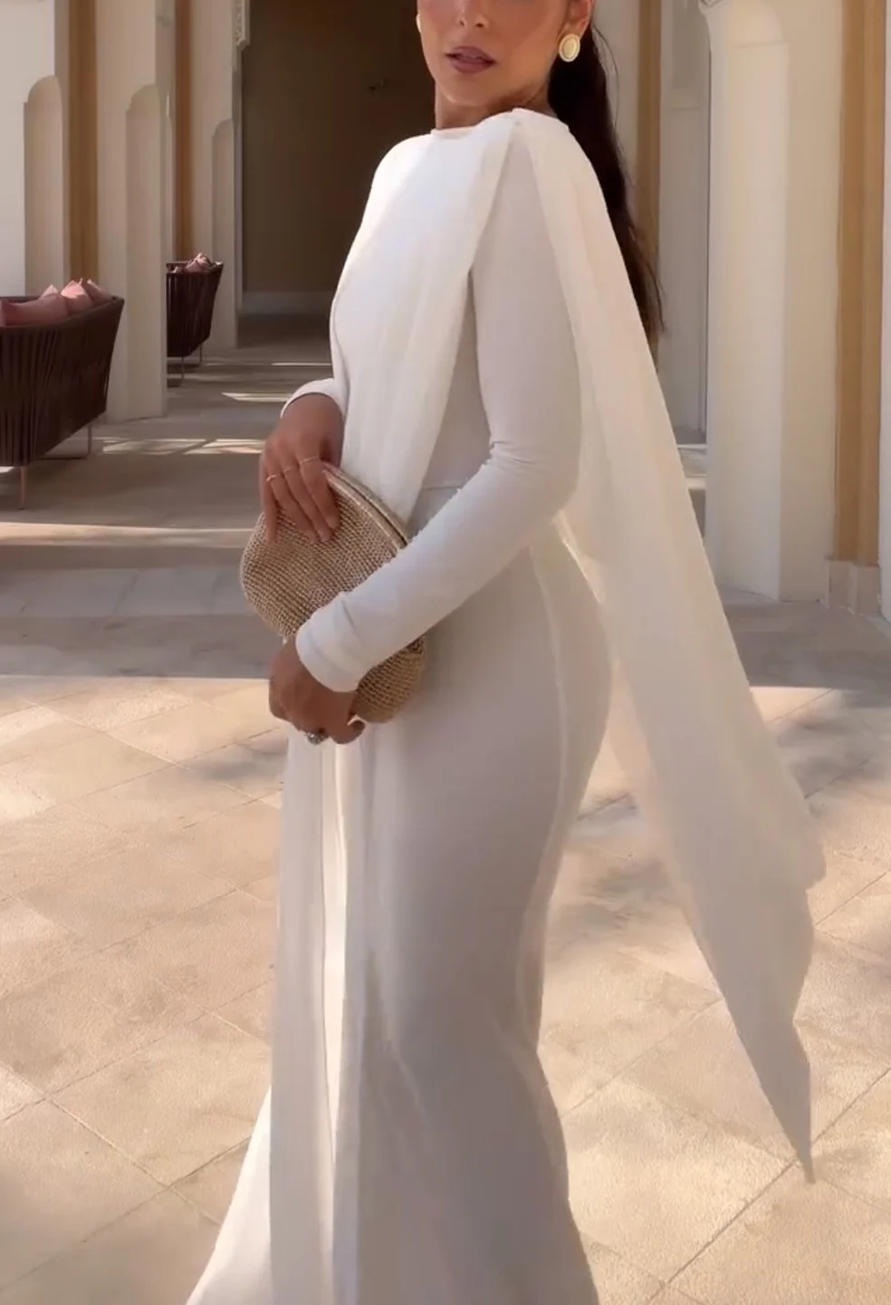 White Long Sleeve Draped Cape Column Maxi Dress for Evening [erp-image:36f1af12f083a2c6d60a64c1]
