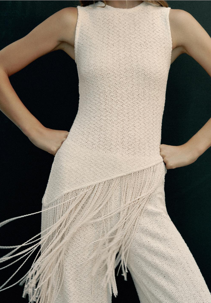 Chic White Sleeveless Tassel Crochet Top & Wide Leg Pants Set