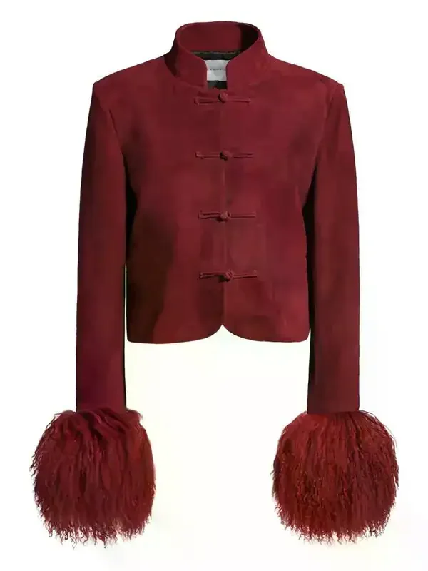 Mandarin Collar Frog Button Suede Cropped Jacket with Fur Cuffs