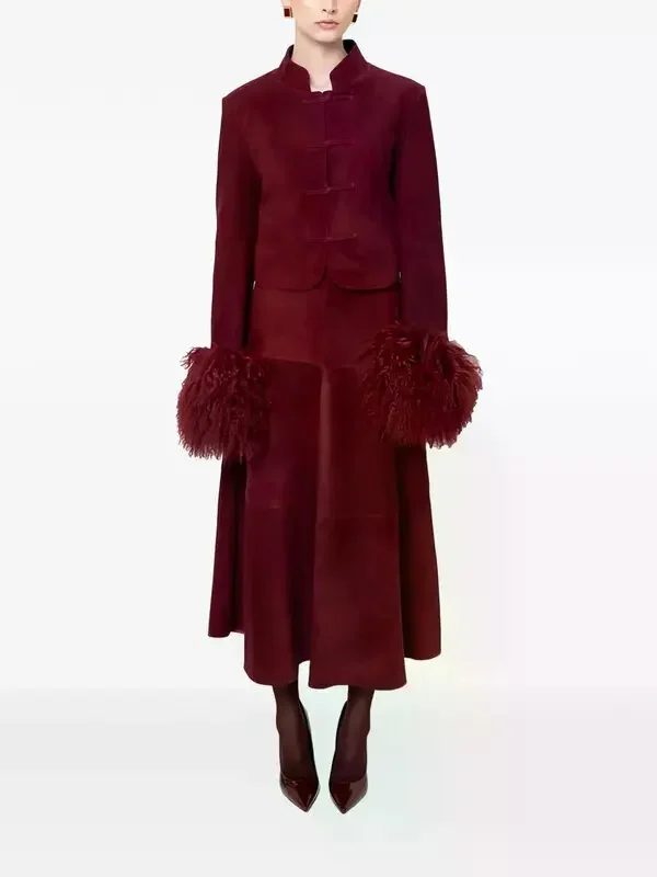 Mandarin Collar Frog Button Suede Cropped Jacket with Fur Cuffs