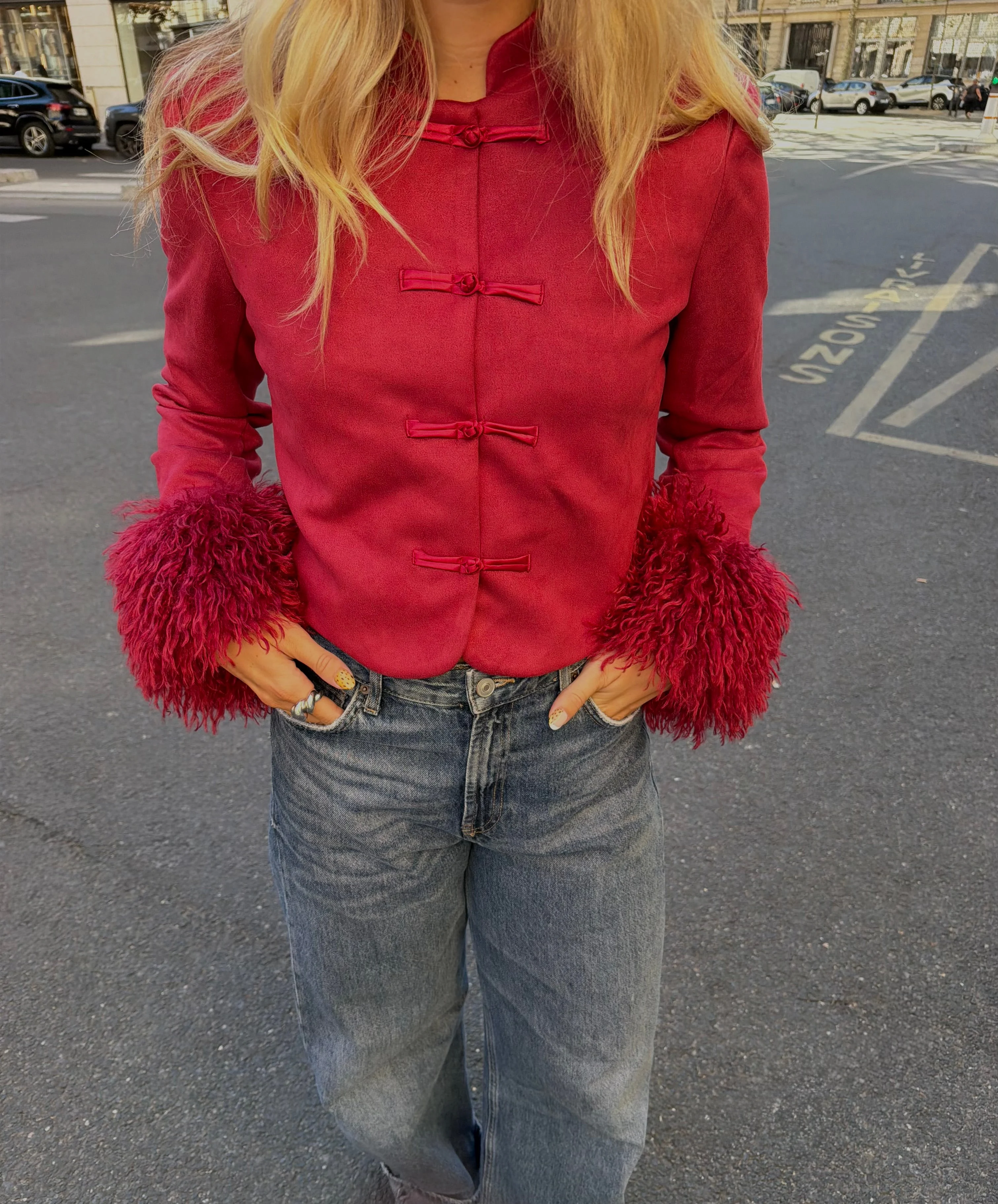 Mandarin Collar Frog Button Suede Cropped Jacket with Fur Cuffs