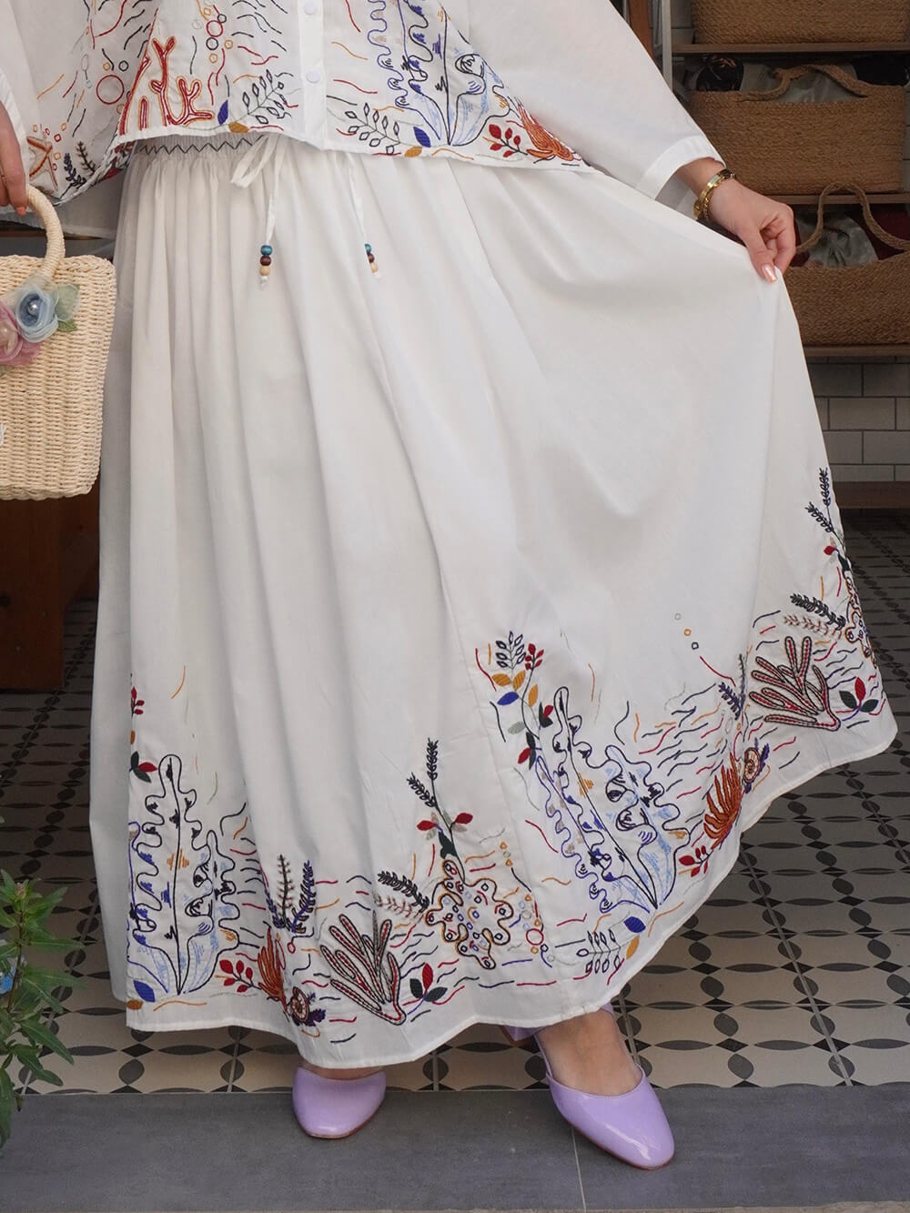 Elegant Embroidered Print Loose Tie Elastic Waist Skirt