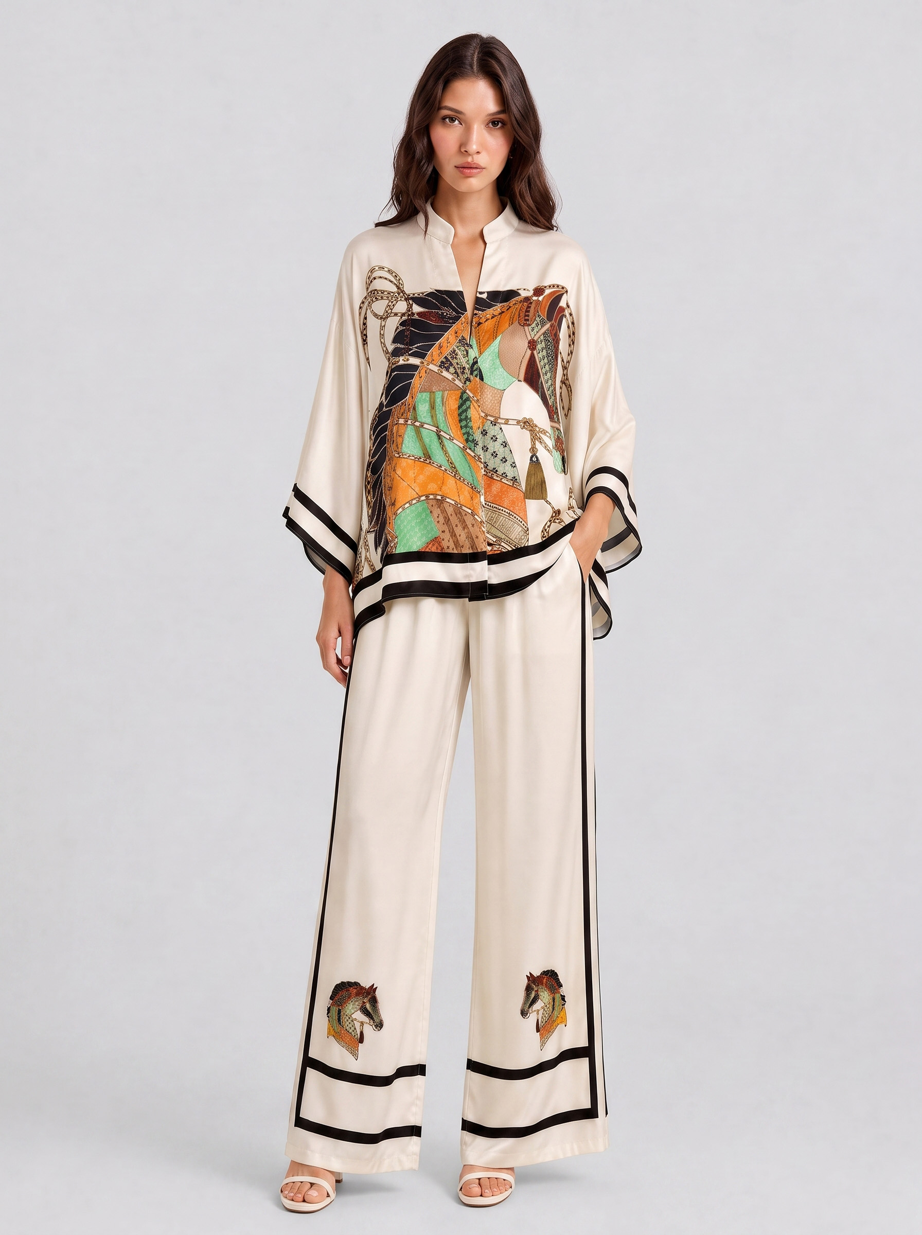 V-Neck Horse Pattern Satin Suit Pants Two-Piece Set