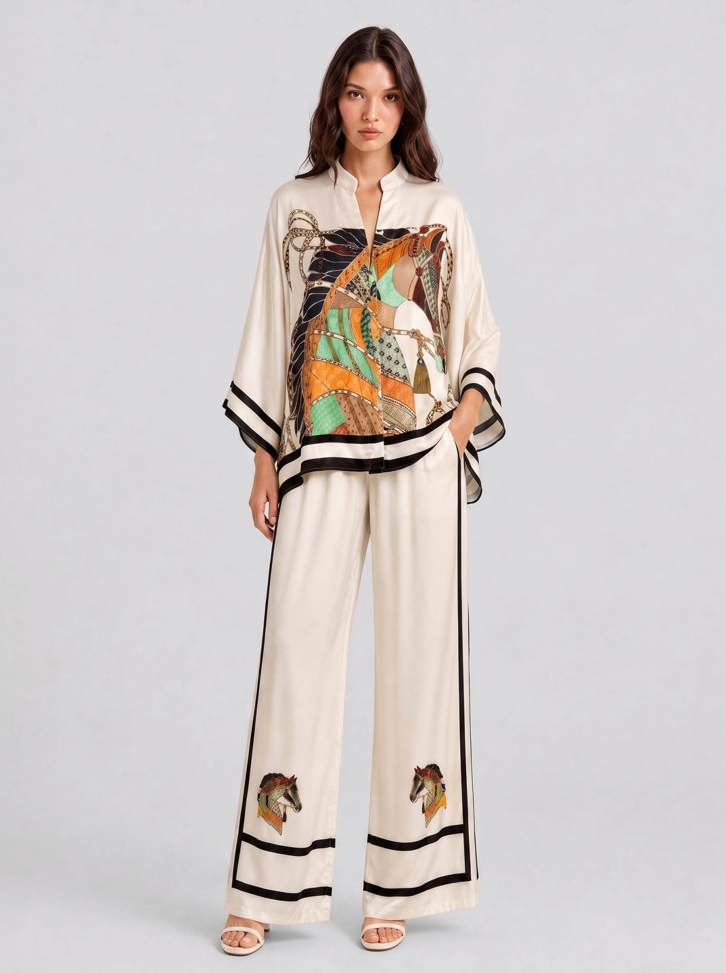 V-Neck Horse Pattern Satin Suit Pants Two-Piece Set