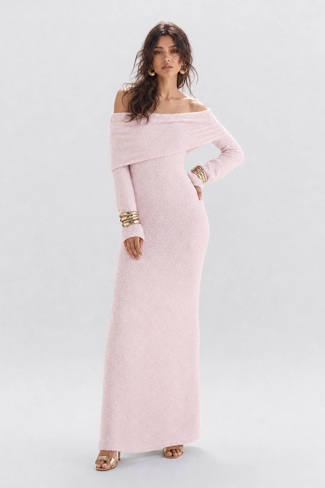 Texture Tweed Off-shoulder Long Dress