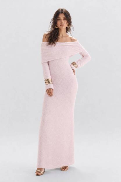 Texture Tweed Off-shoulder Long Dress