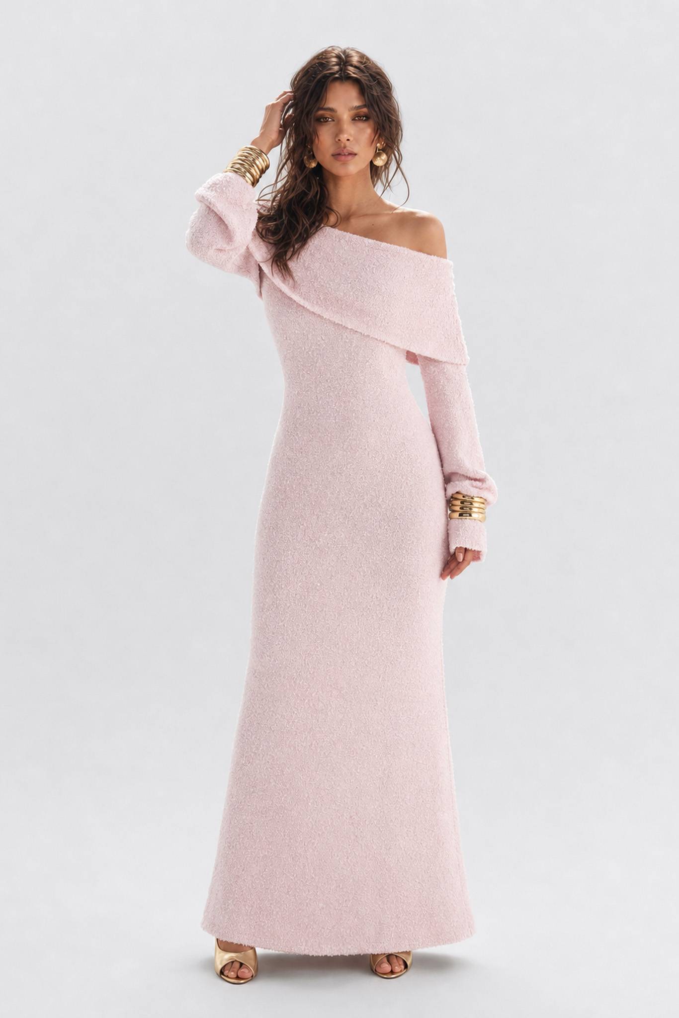 Texture Tweed Off-shoulder Long Dress