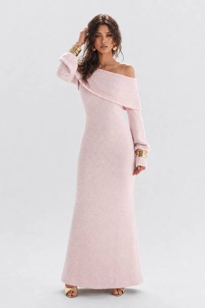 Texture Tweed Off-shoulder Long Dress