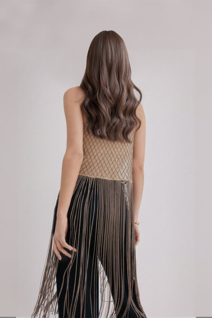 Fashionable Tassel-Trimmed Beaded Sleeveless Top