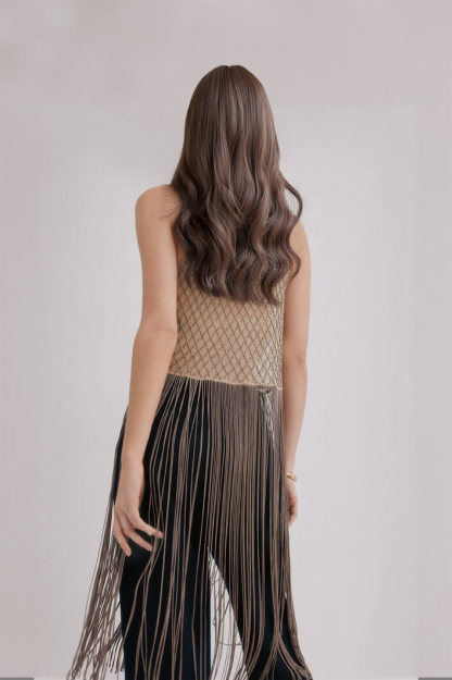 Fashionable Tassel-Trimmed Beaded Sleeveless Top