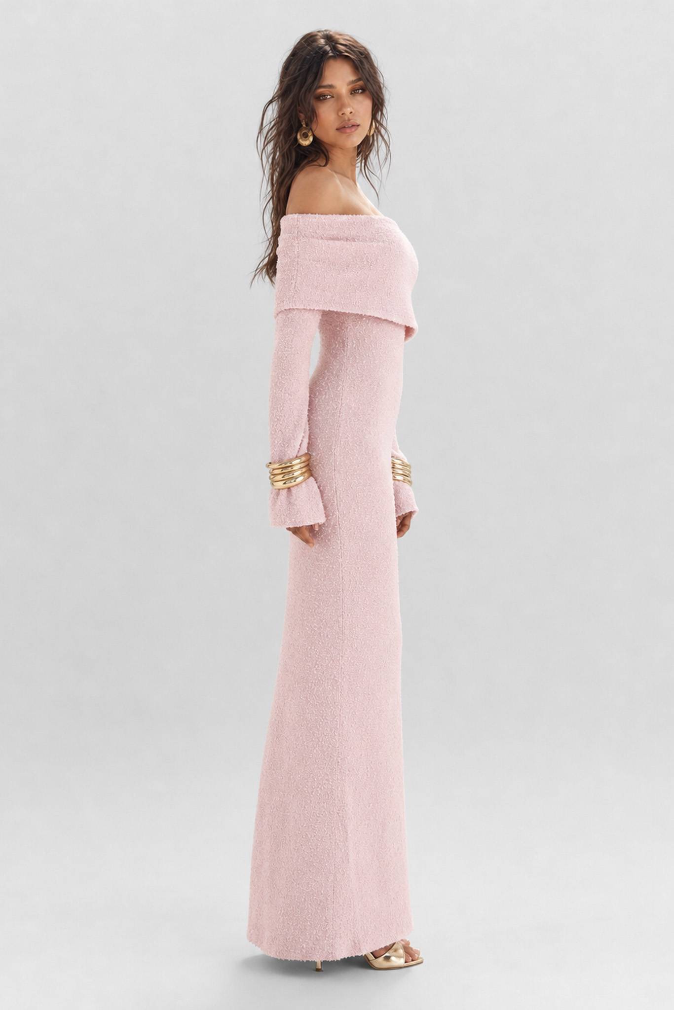 Texture Tweed Off-shoulder Long Dress