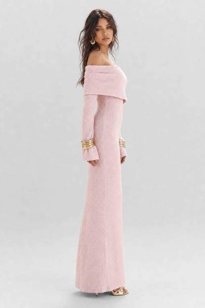 Texture Tweed Off-shoulder Long Dress