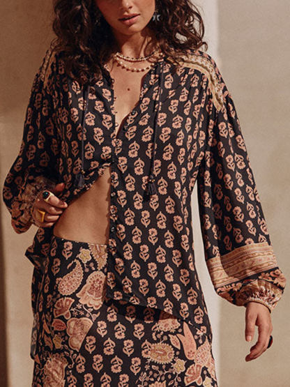 Boho Printed Draped Loose Button-Up Shirt