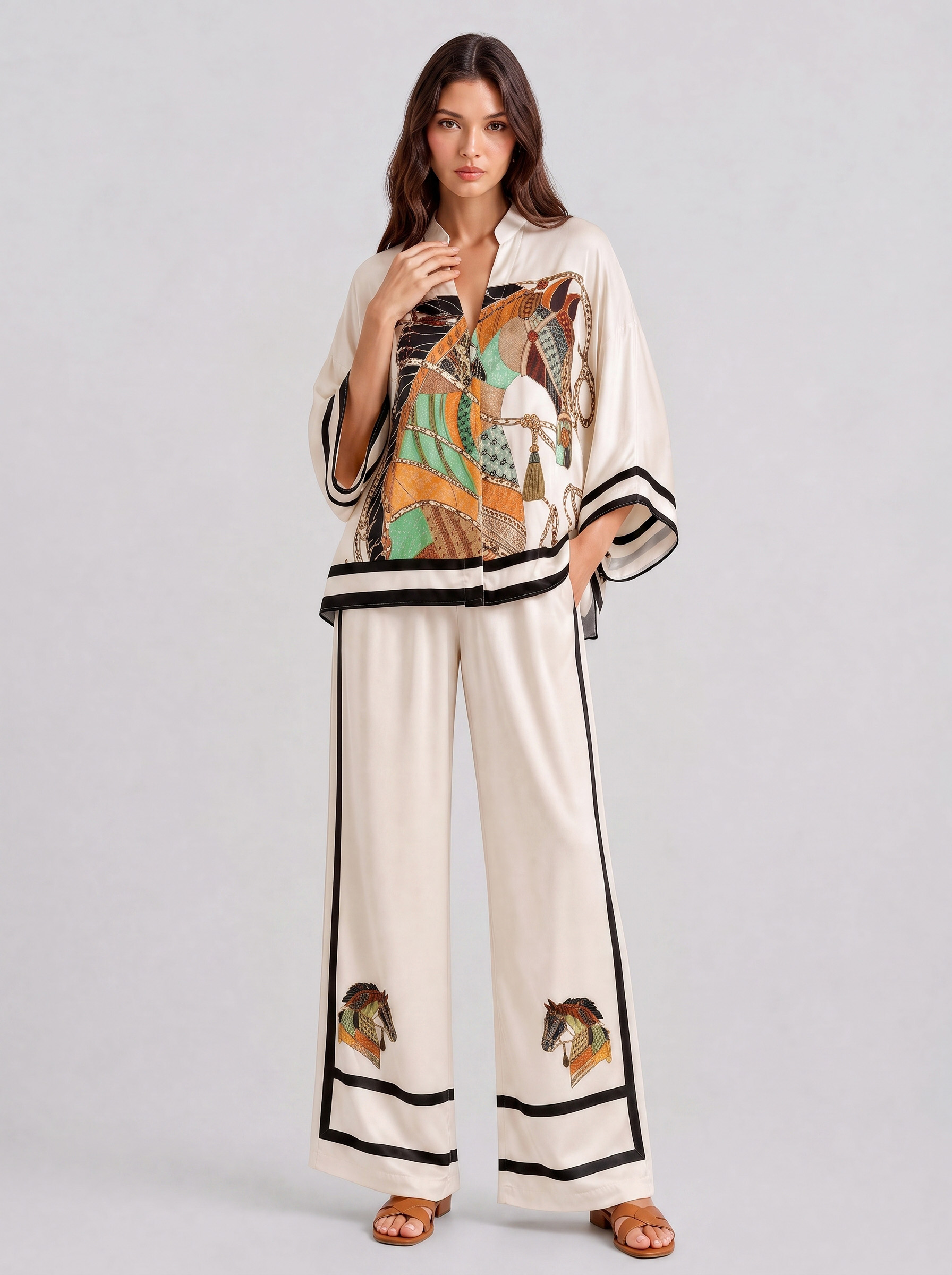 V-Neck Horse Pattern Satin Suit Pants Two-Piece Set