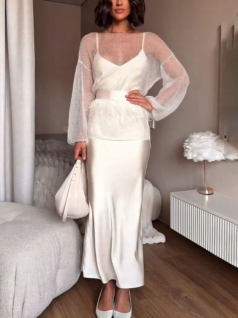 Elegant Openwork Knit Top And Satin Dress Two-piece Set