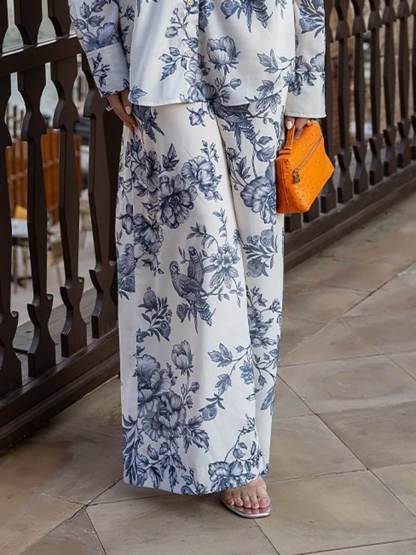 Unique Bold Floral Print Elastic Waist Wide-Leg Pants