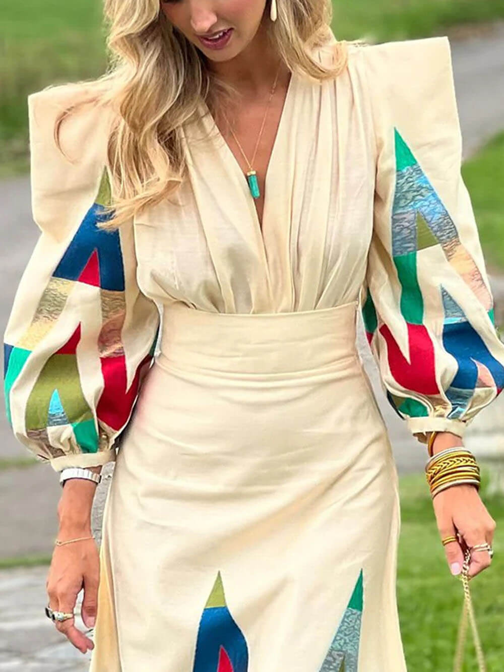 Elegant Floral Square-Neck V-Neck Ruched Lantern Sleeve Blouse