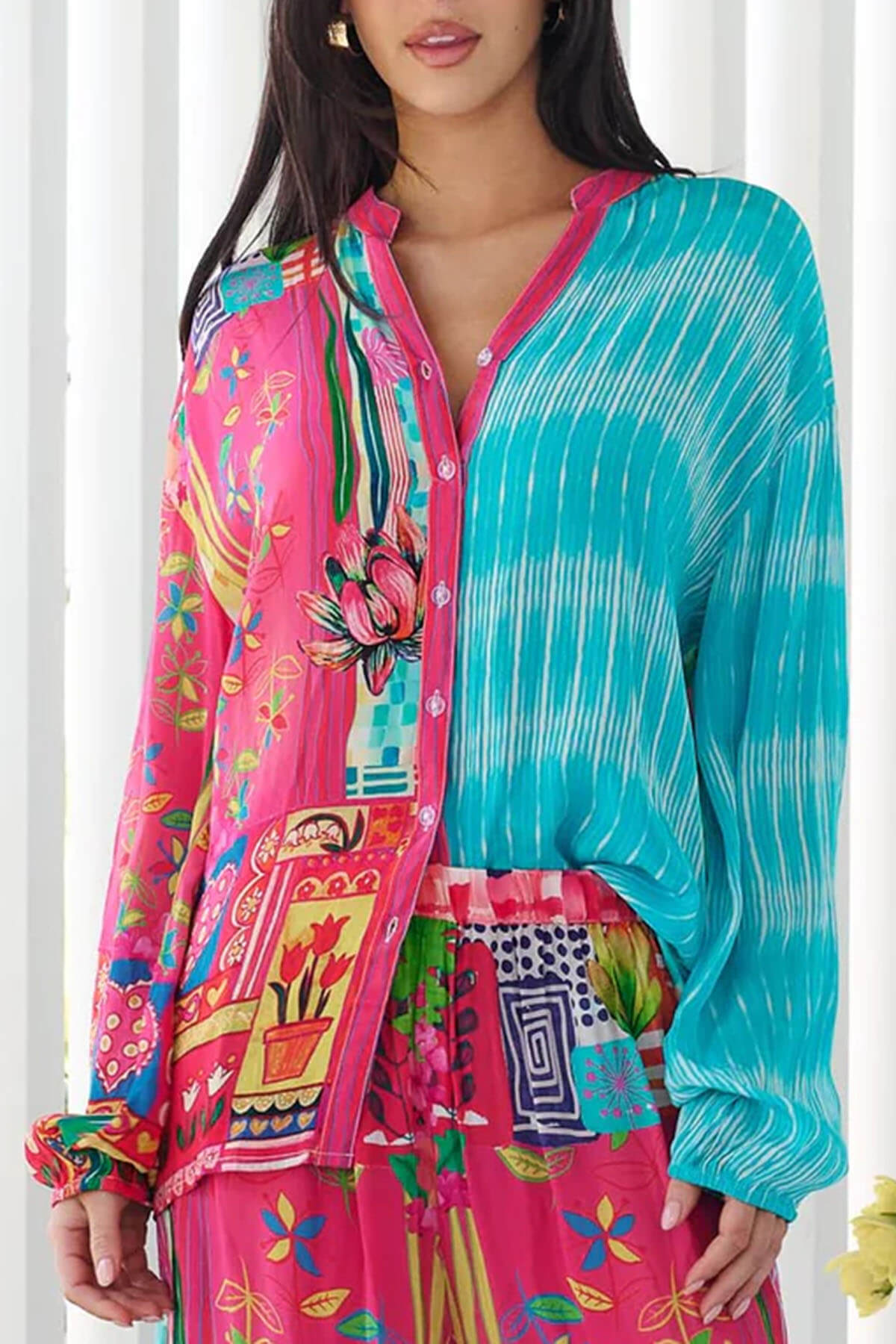 Unique Patchwork Print Button-Up Loose Fitting Shirt