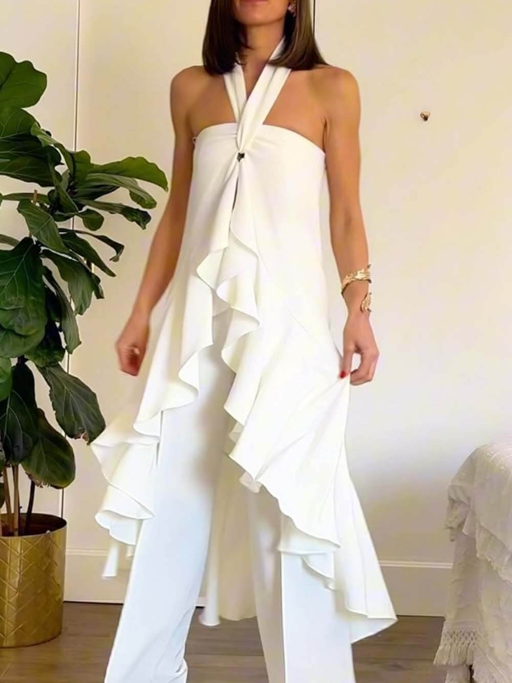 Casual Ruched Halterneck Backless Ruffle Top