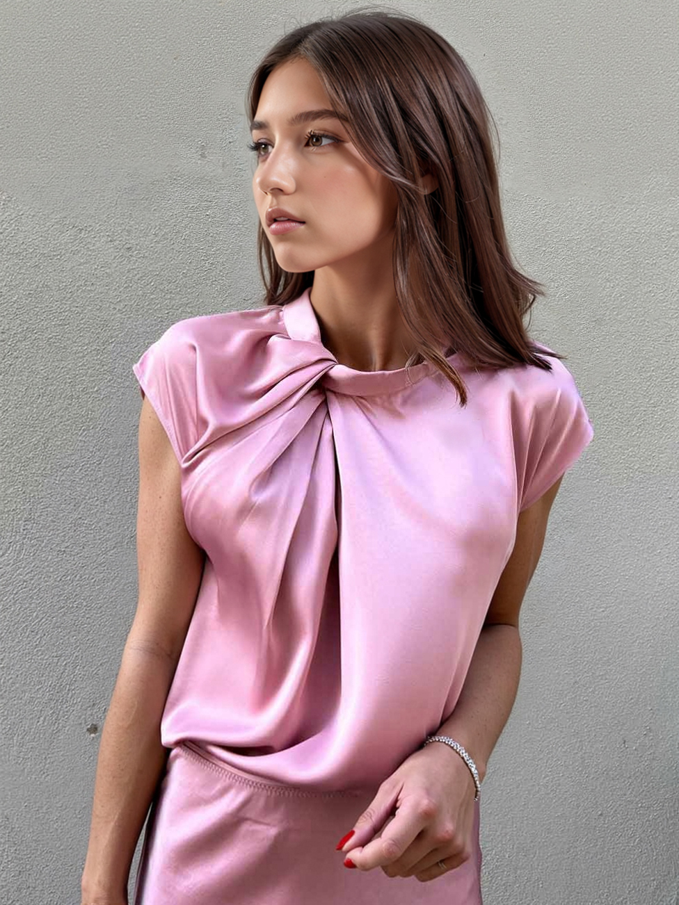 Elegant Satin Twist Shirt Skirt Two-Piece Set