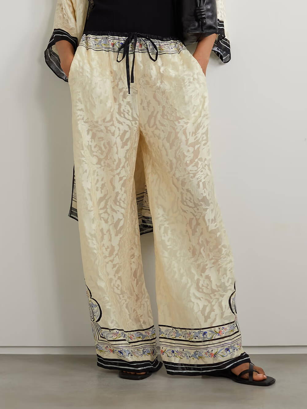 Unique Print Satin Lace-Up Ealastic Waist Wide-Leg Pants