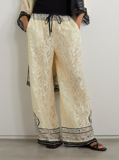 Unique Print Satin Lace-Up Ealastic Waist Wide-Leg Pants