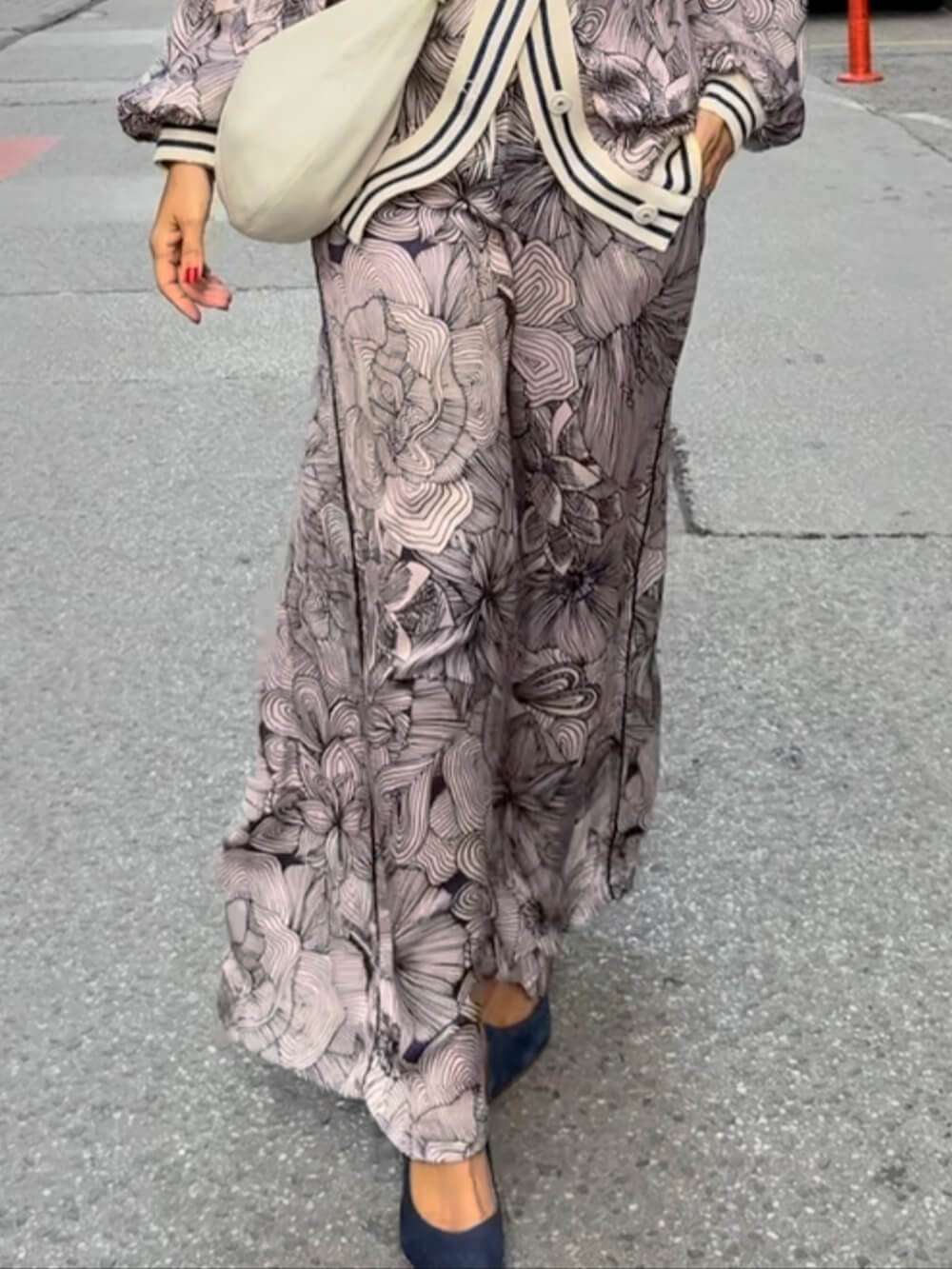 Unique Floral Print Ribbon Splice Pockets Elastic Waist Wide-Leg Pants