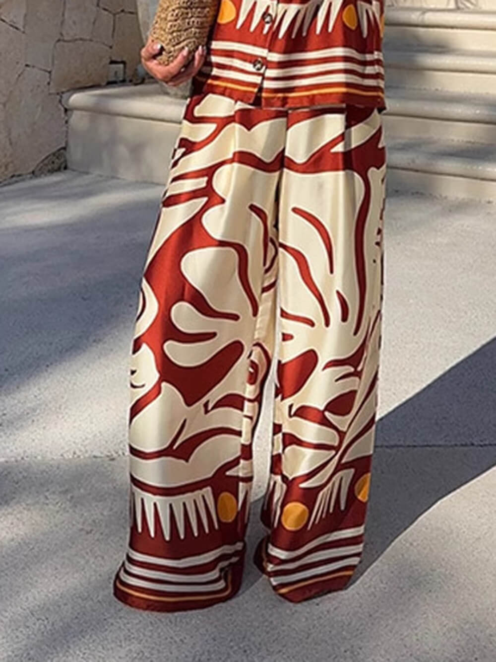 Unique Printed Satin High-Waisted Wide-Leg Pants