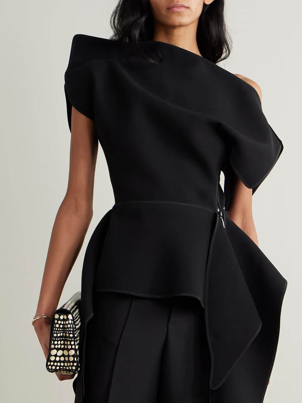 Unique Asymmetrical Ruffled Crepe Peplum Top