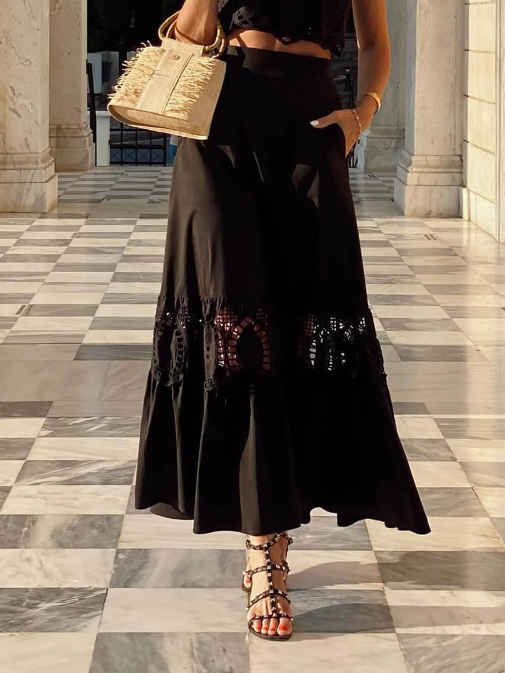 Delicate Mesh Lace Patchwork Ruched Pocket Maxi Skirt