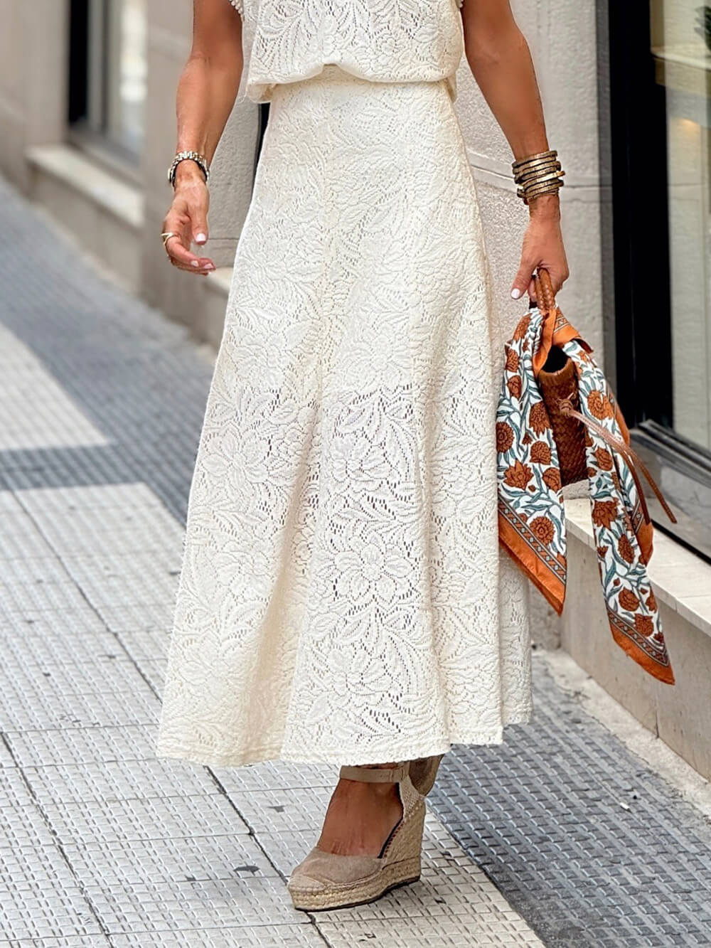 Elegant Floral Lace Crochet Maxi Skirt