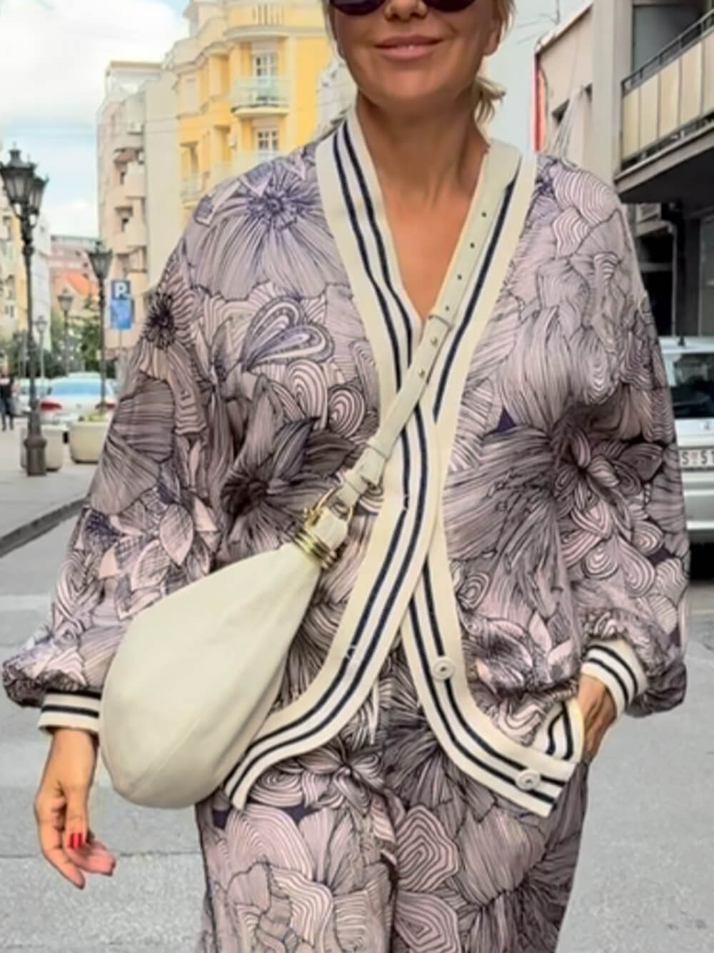 Unique Floral Print Ribbon Spliced V-Neck loose Blouse