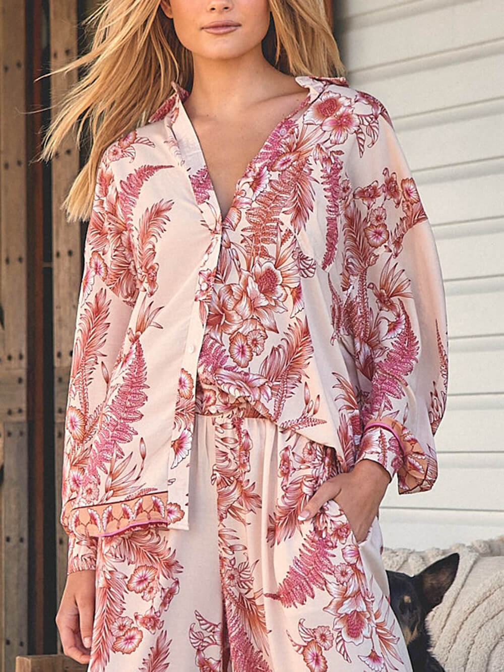Warm Holiday Floral Printed Loose Elastic Waist Wide Leg Pants