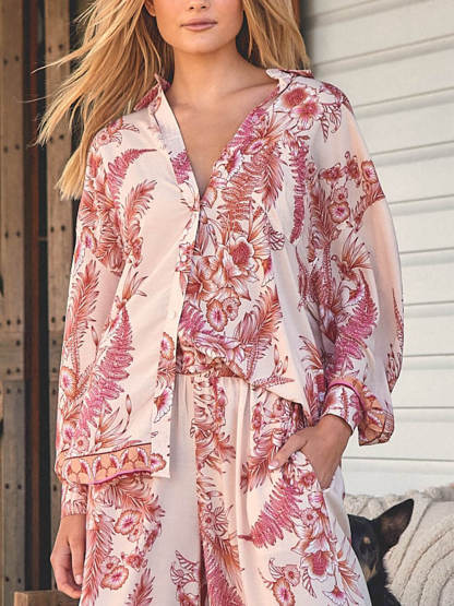 Warm Holiday Floral Printed Loose Button Oversized Shirt