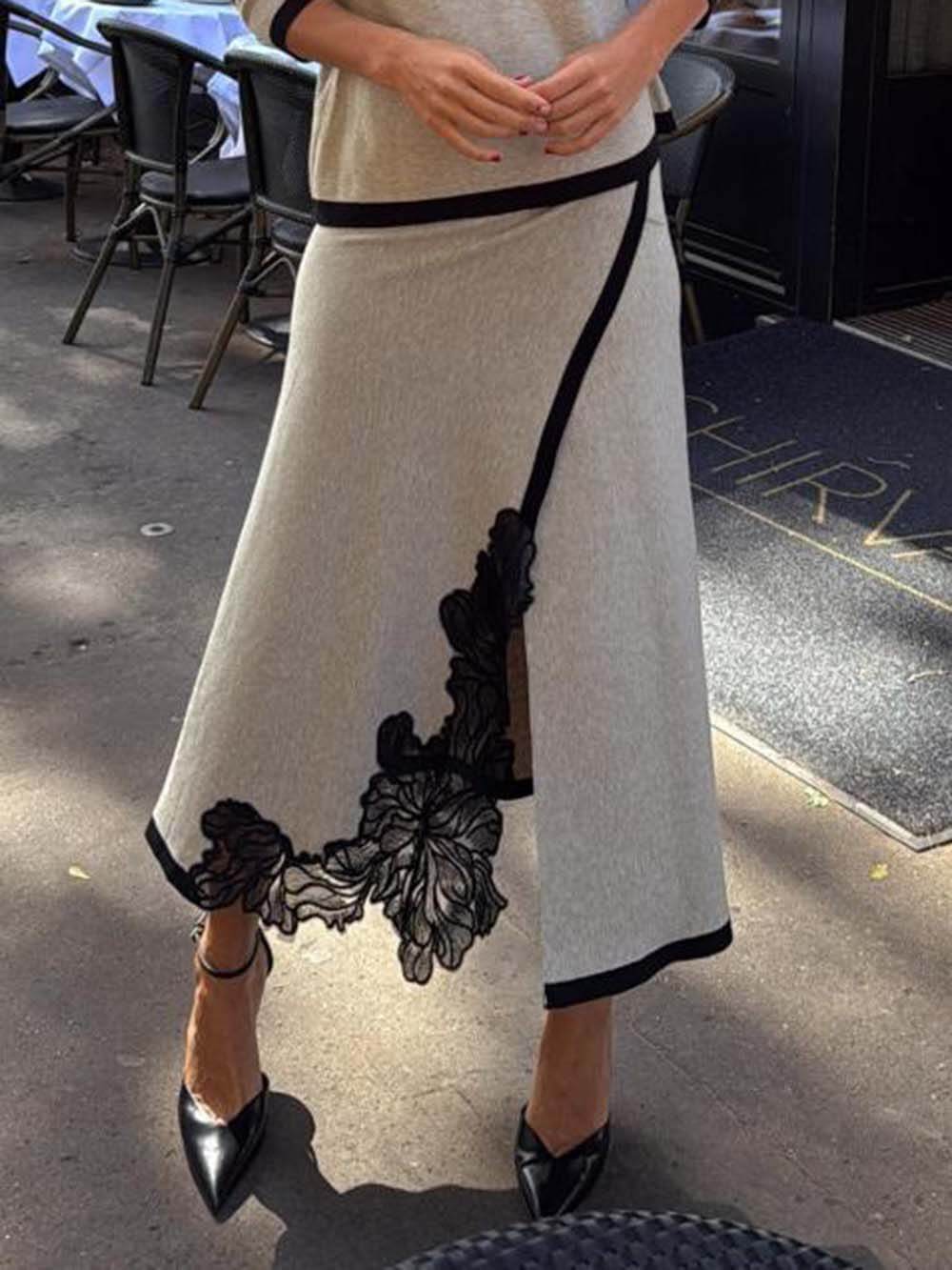 Classic Colorblock Lace Floral Midi Skirt