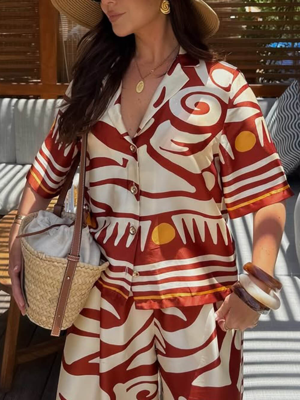 Unique Printed Lapel Satin Loose Shirt