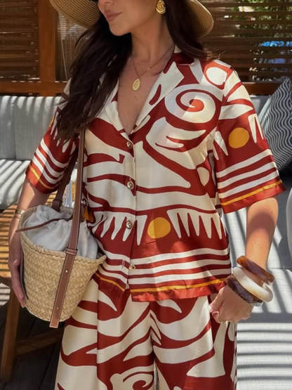 Unique Printed Lapel Satin Loose Shirt