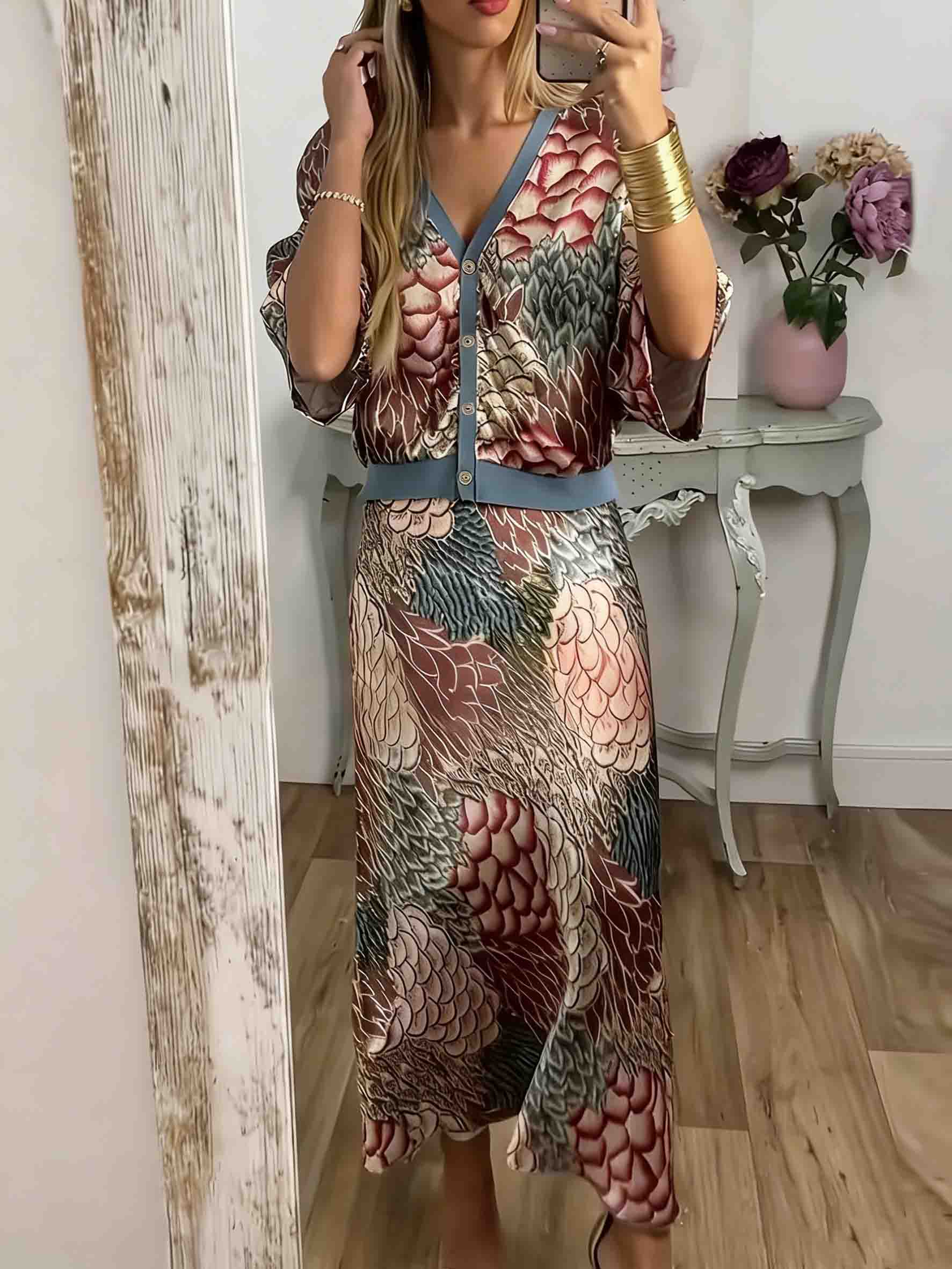 Retro Scale Print Satin Printed Skirt