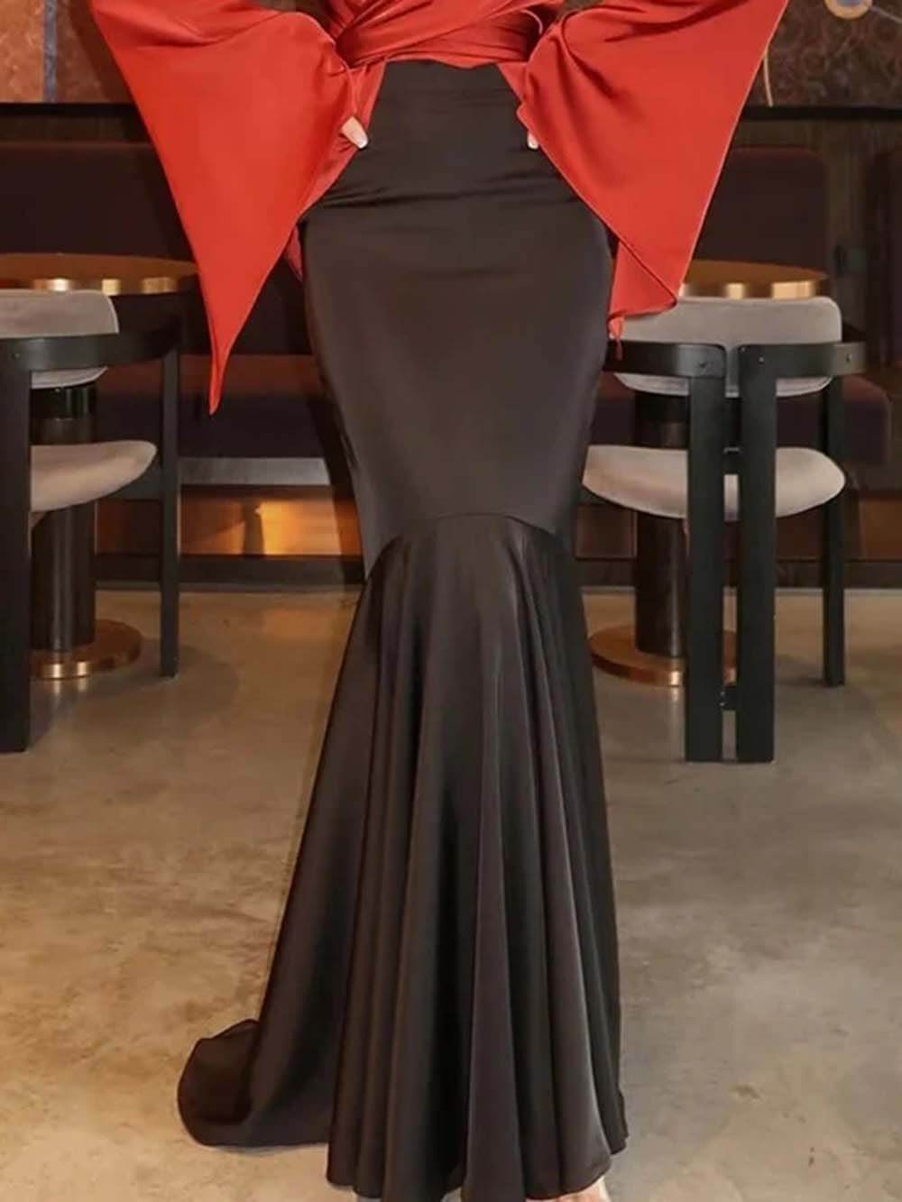 Fashion Satin High Rise Elastic Waist Flare Maxi Skirt