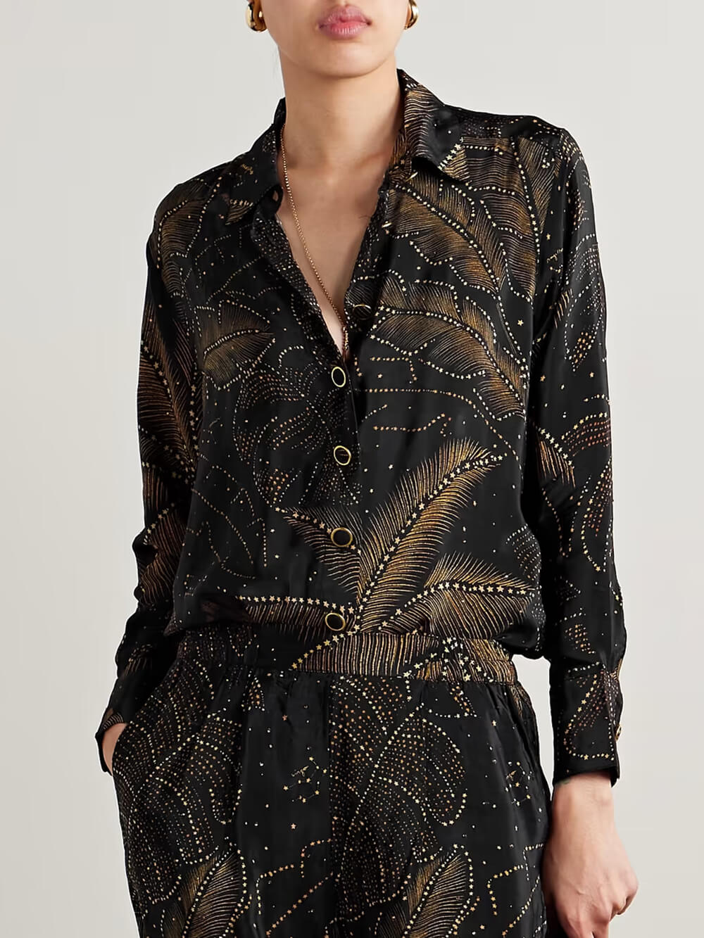 Unique Palm Leaf Print Relaxed Button-Up Shirt