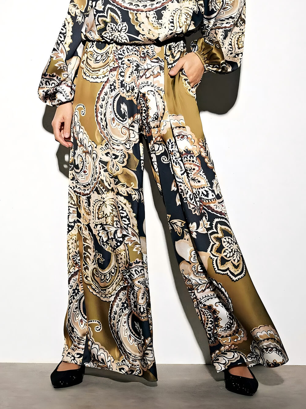 Exquisite Satin Paisley Print Elastic-Waist Wide-Leg Pants