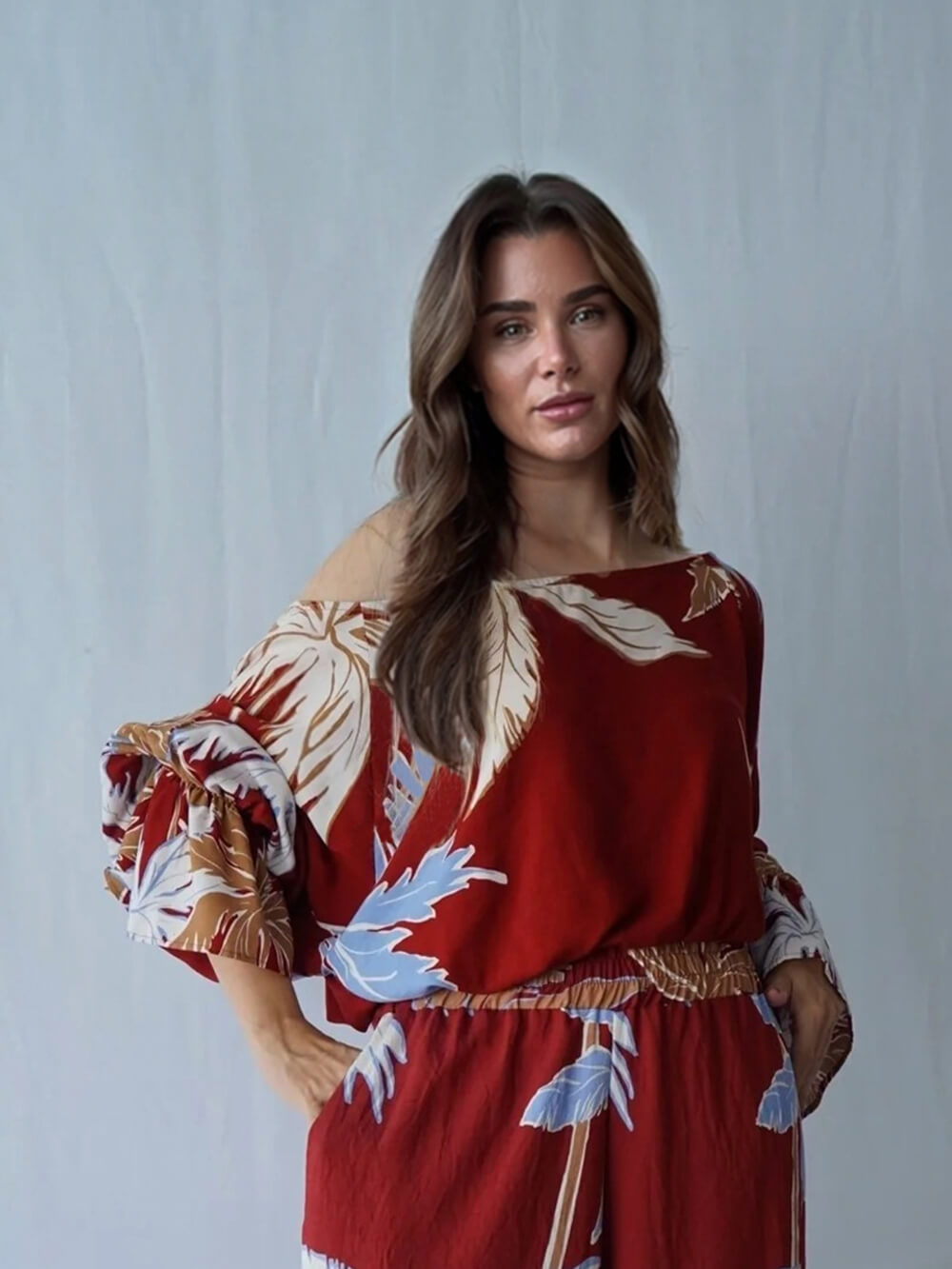 Fashion Casual Tropical Palm Tree Print Elastic Waist Wide-Leg Pants